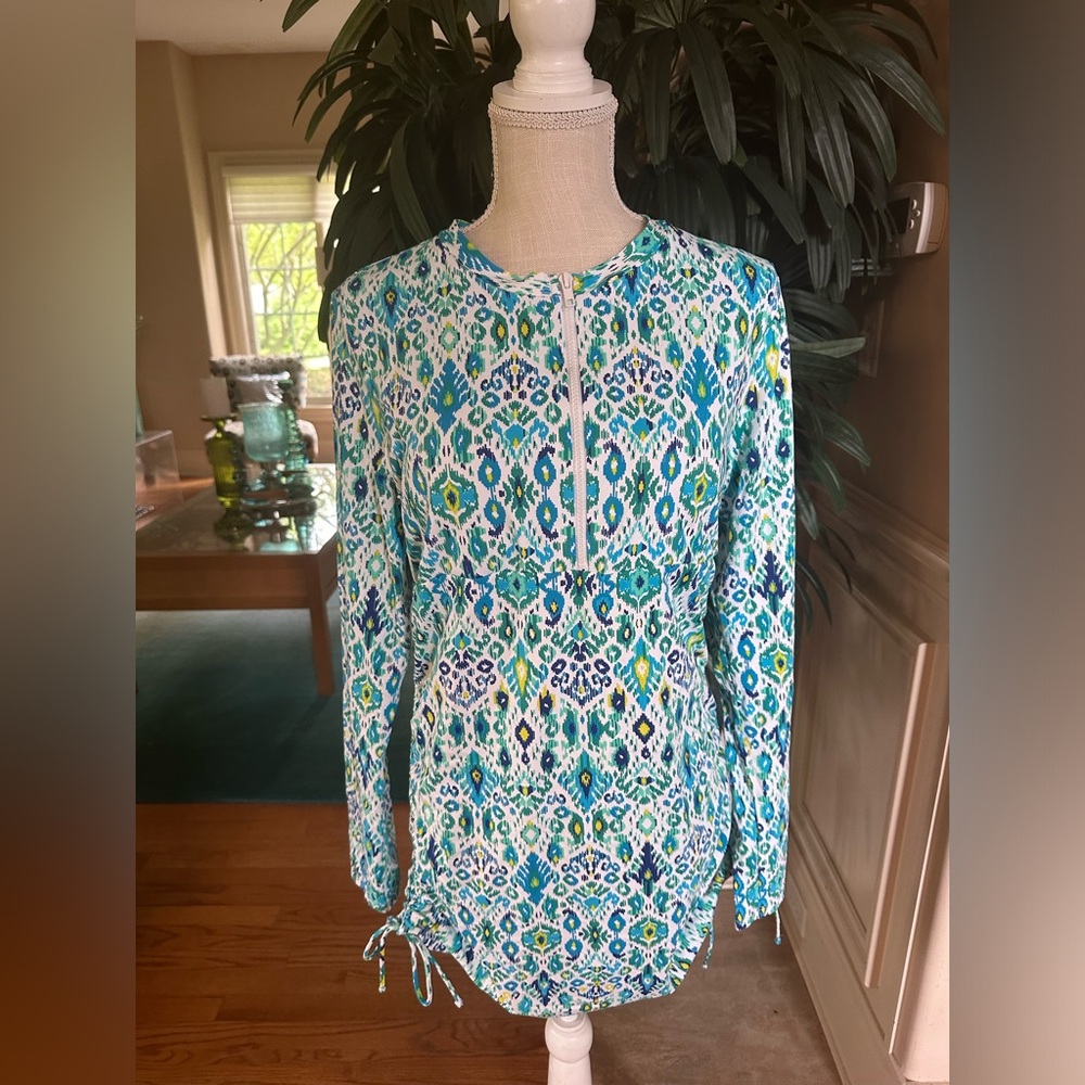 🏝Tommy Bahama  White 3/4 zip Green & Blue Aztec Print Beach Dress Coverup XL🏝